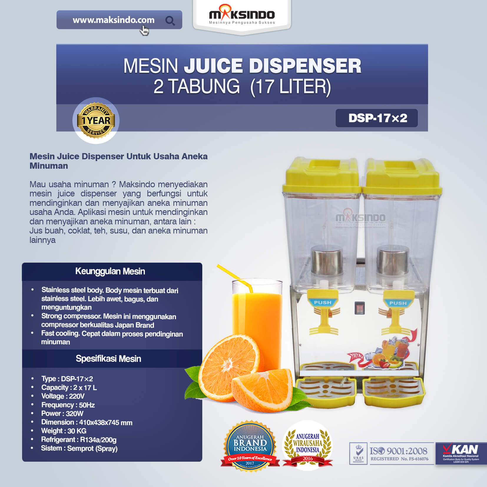 Jual Mesin Juice Dispenser 2 Tabung (17 Liter) – DSP17x2 di Semarang