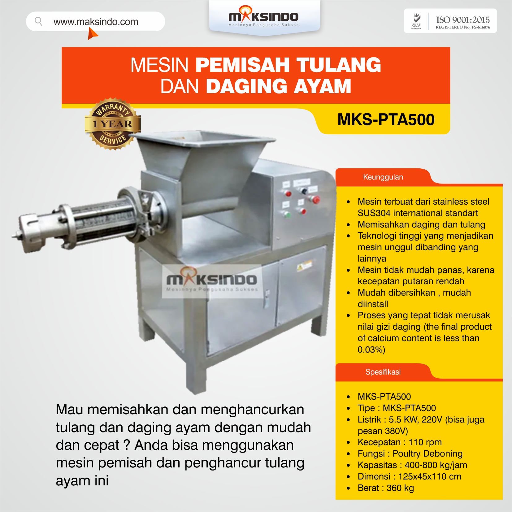 Jual Pemisah Tulang dan Daging Ayam PTA500 di Semarang