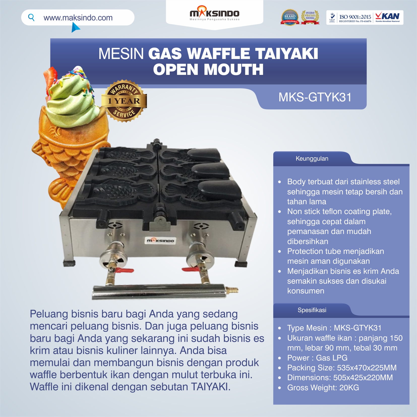 Jual Mesin Gas Waffle Taiyaki Open Mouth (GTYK31) di Semarang