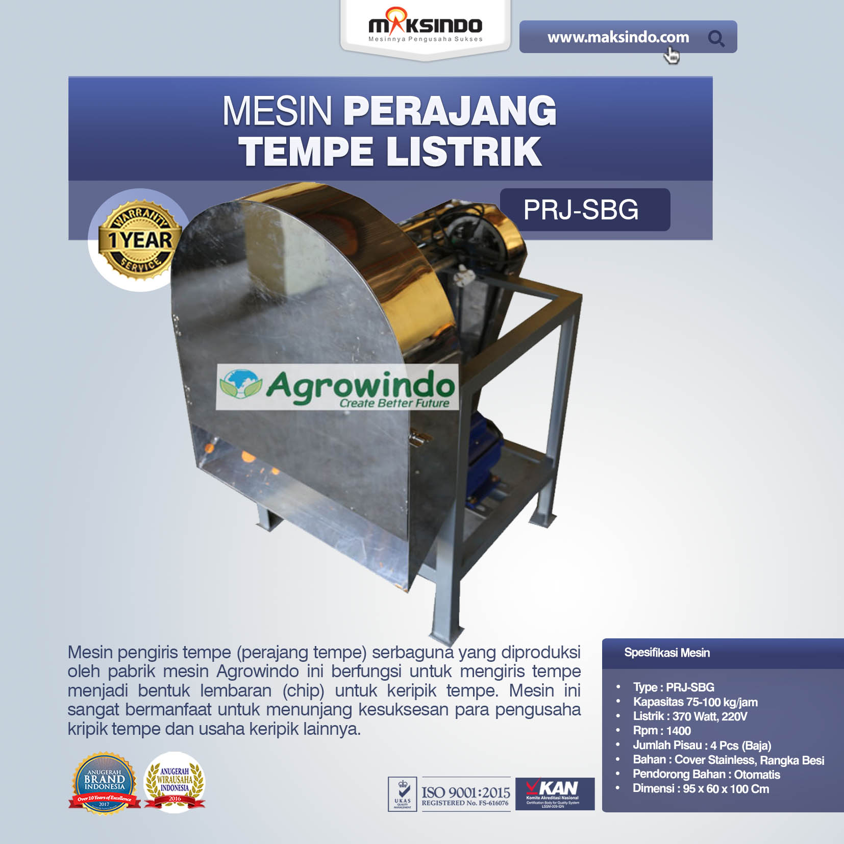 Jual Mesin Perajang Tempe Listrik PRJ-SBG di Semarang