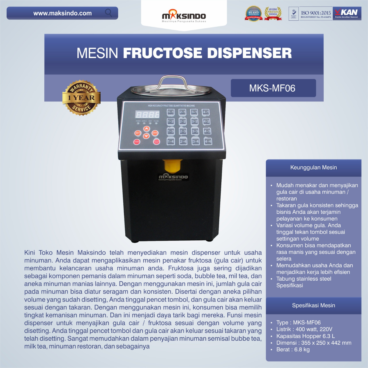 Jual Mesin Fructose Dispenser MKS-MF06 di Semarang