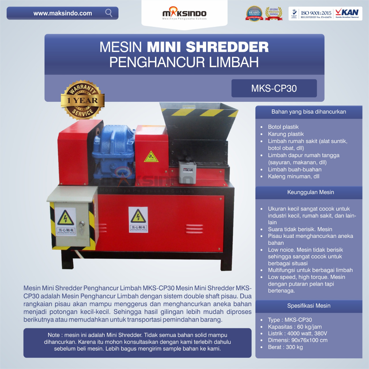 Jual Mesin Mini Shredder Penghancur Limbah MKS-CP30 di Semarang