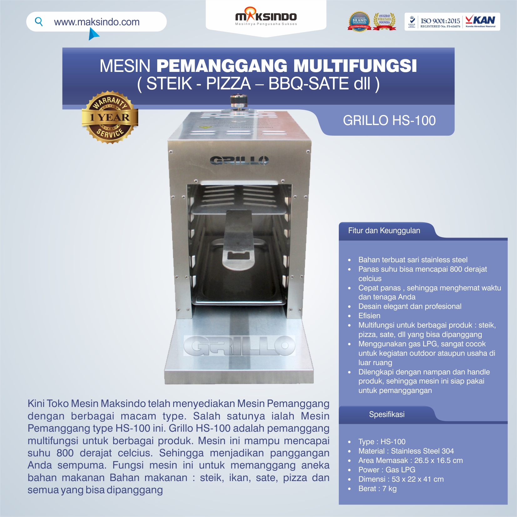 Jual Mesin Pemanggang Steik – Pizza (GRILLO  HS-100) di Semarang