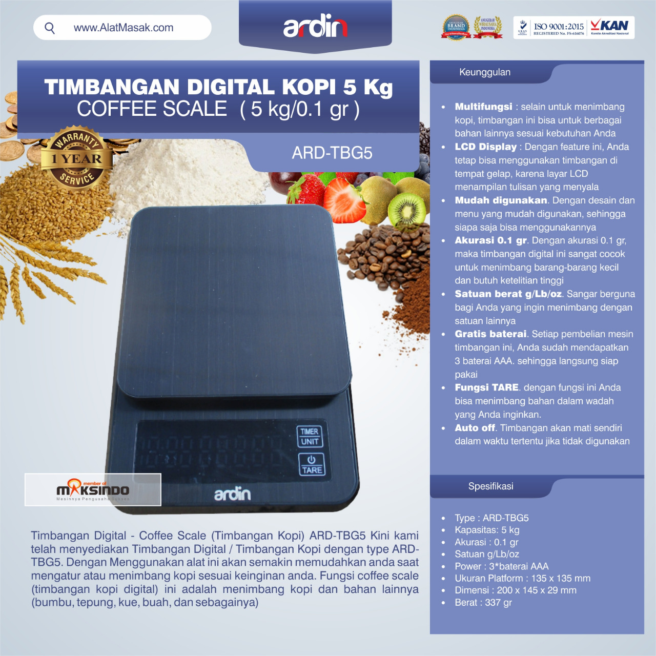 Jual Timbangan Digital Kopi 5 kg ARD-TBG5 (coffee scale) di Semarang