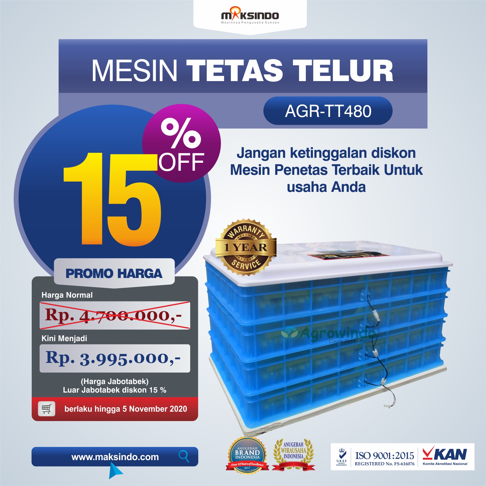 Jual Mesin Penetas Telur AGR-TT480 di Semarang