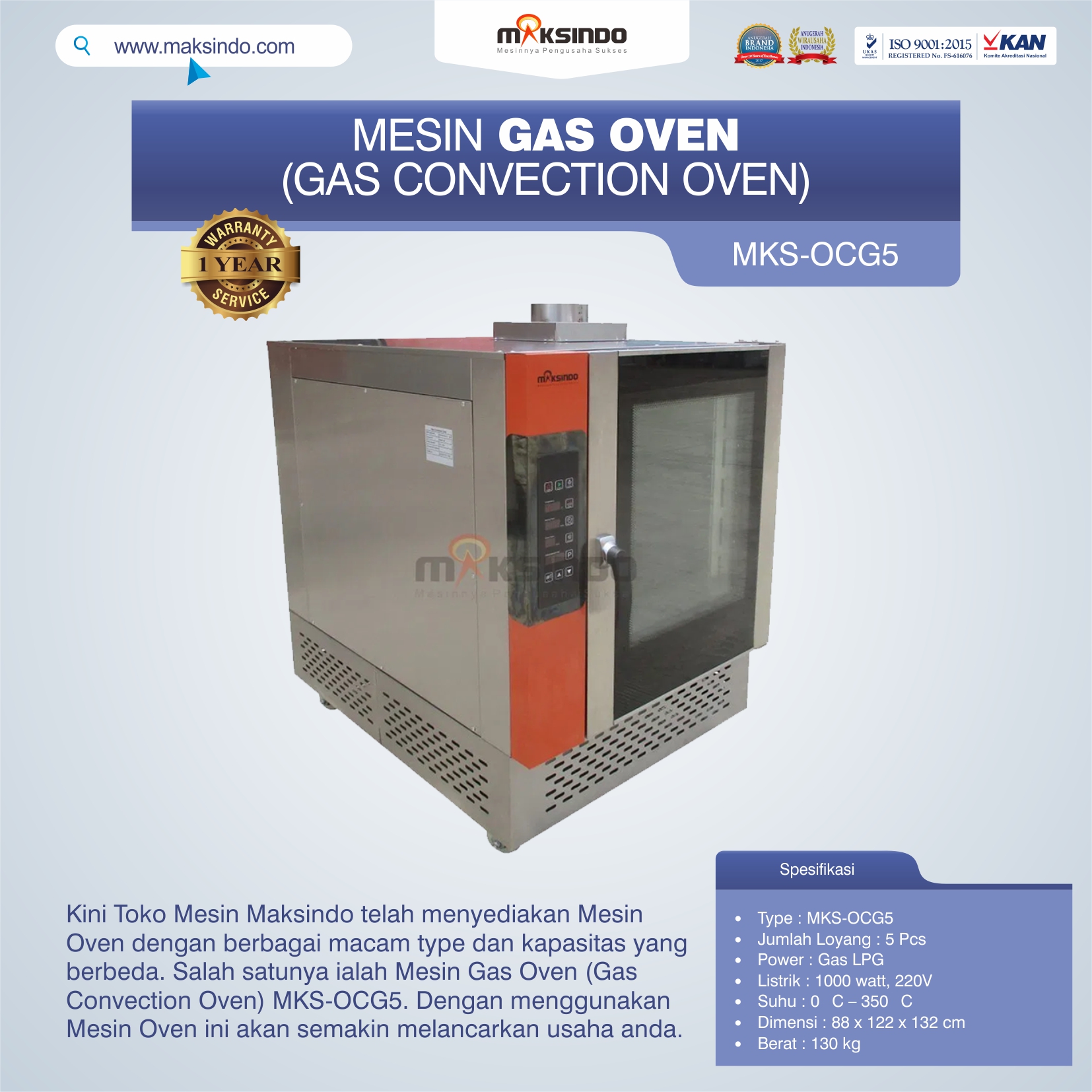 Jual Mesin Gas Oven (Gas Convection Oven) MKS-OCG5 di Semarang