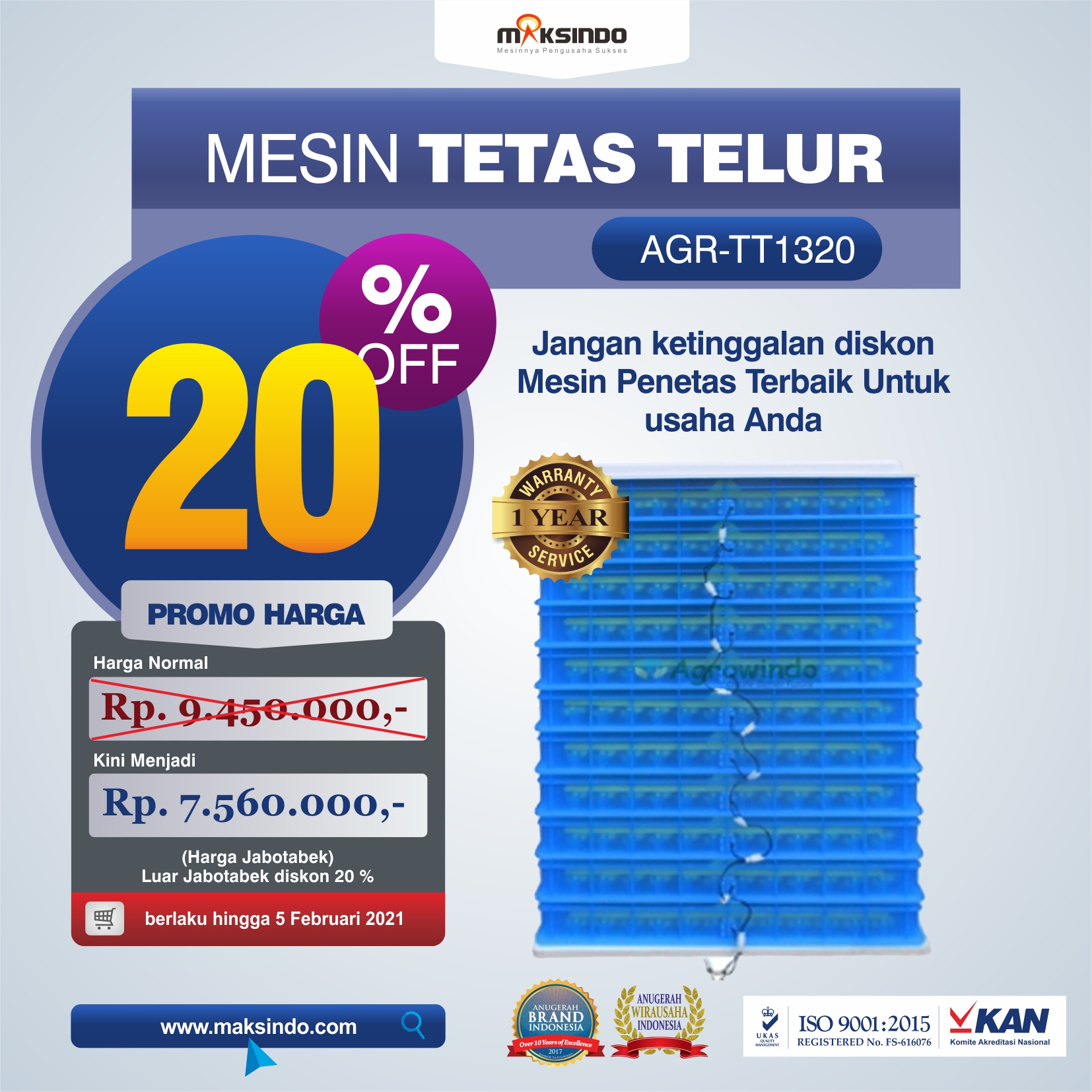Jual Mesin Penetas Telur AGR-TT1320 di Semarang