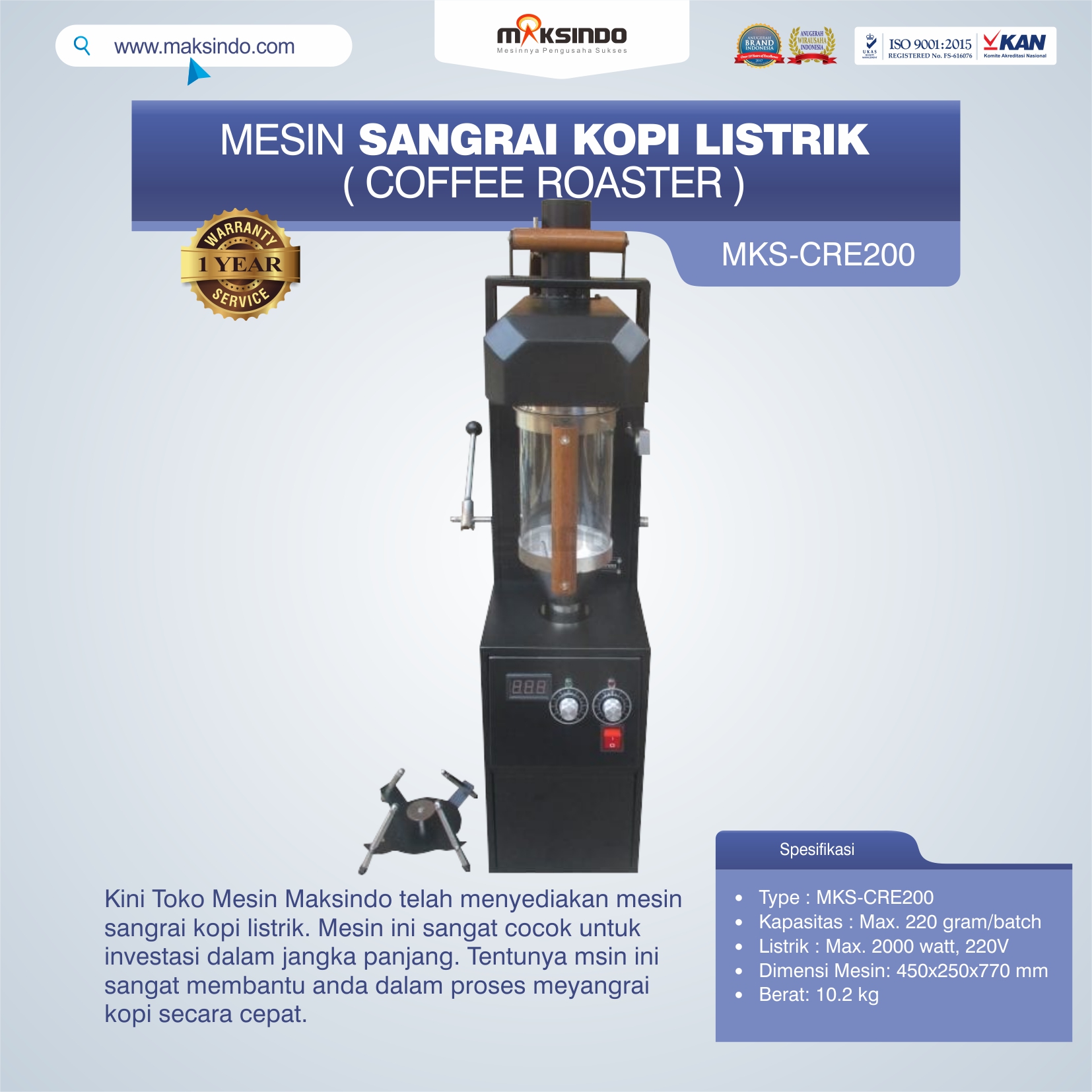 Jual Mesin Sangrai Kopi Listrik (Coffee Roaster) MKS-CRE200 di Semarang