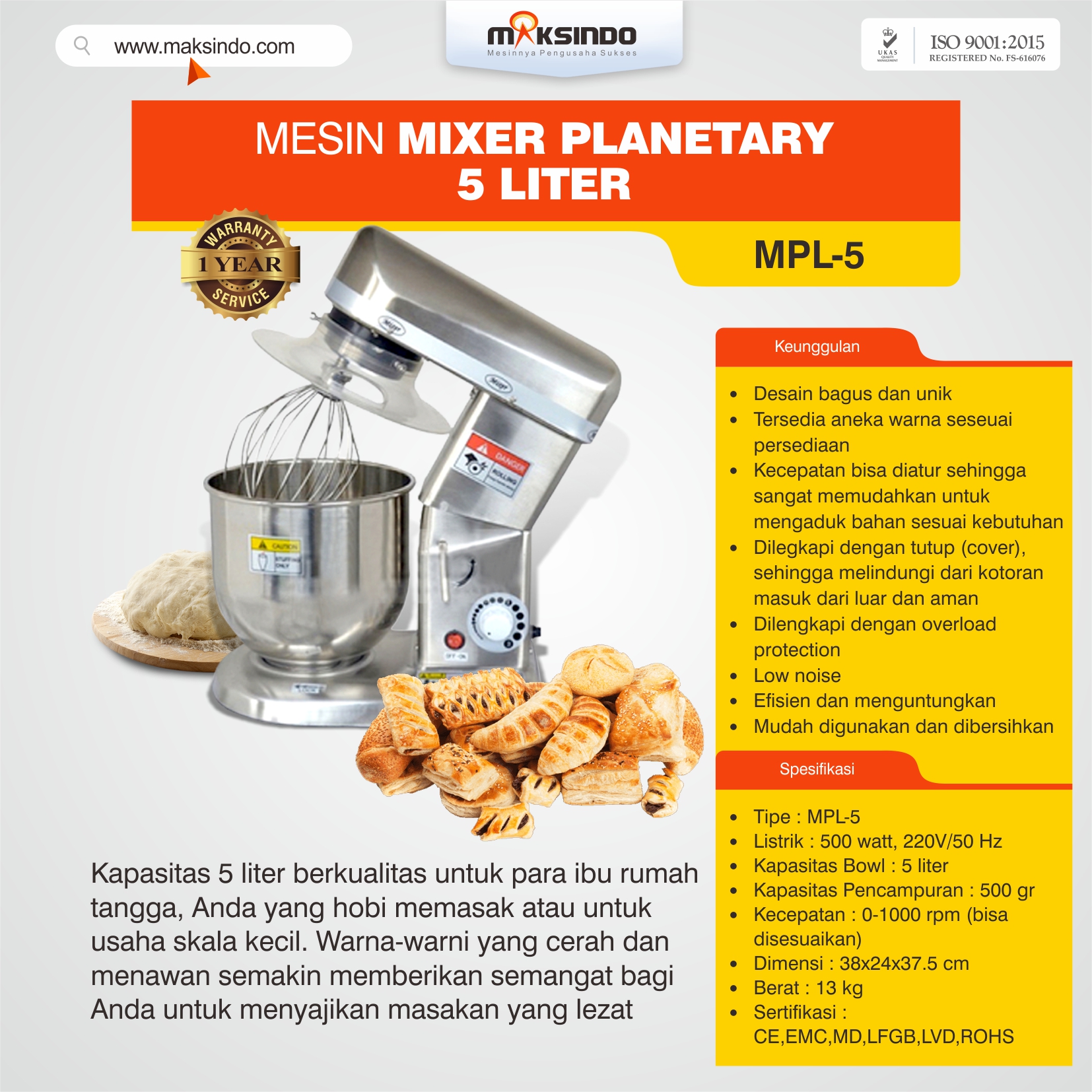 Jual Mesin Mixer Planetary 5 Liter (MPL-5) di Semarang