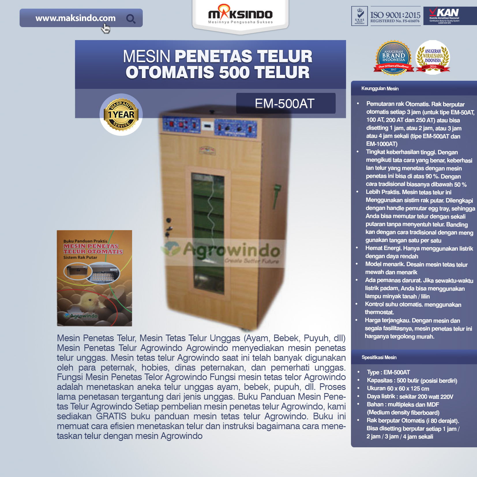 Jual Mesin Penetas Telur Otomatis 500 Telur (EM-500AT) di Semarang
