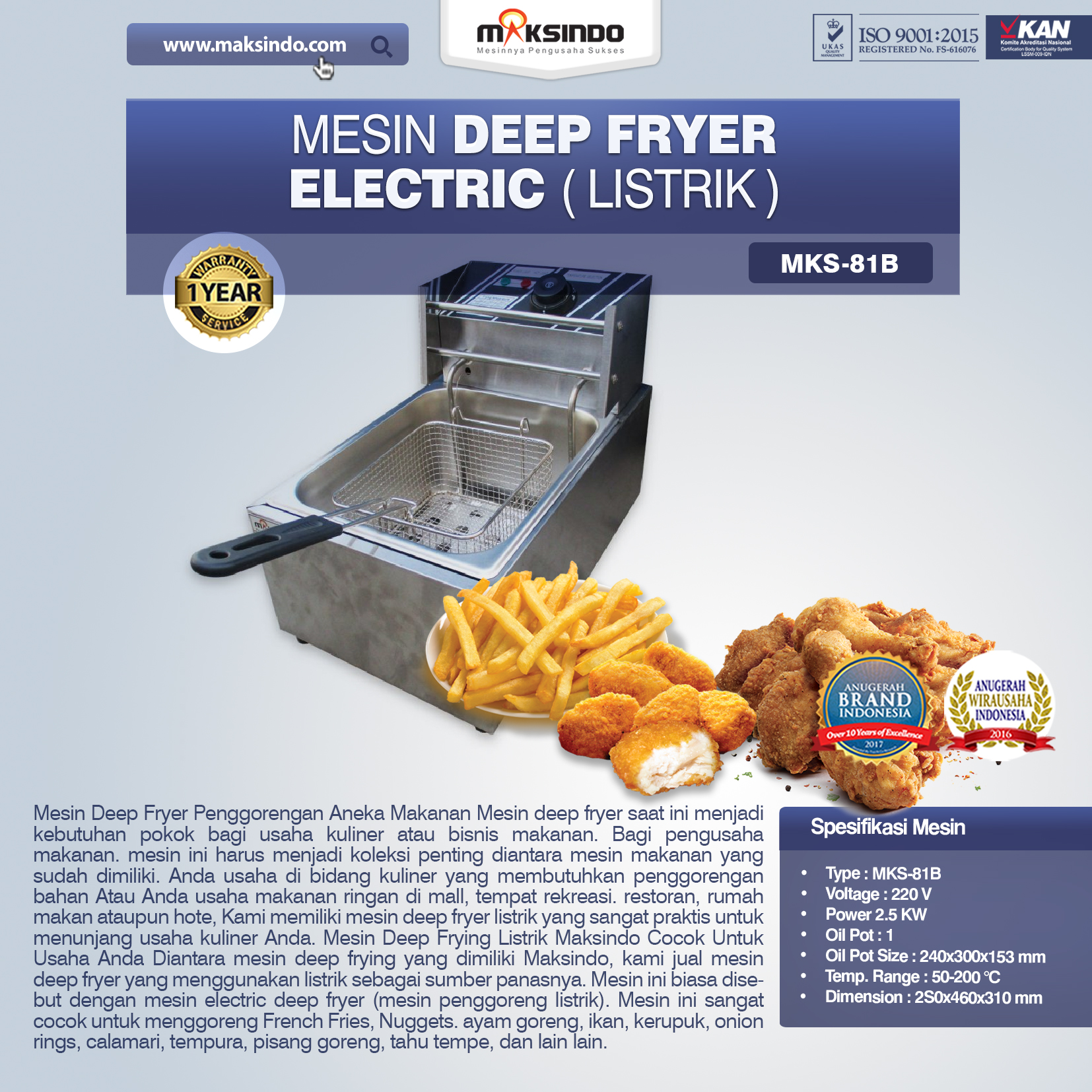 Jual  Mesin Deep Fryer Listrik MKS-81B  di Semarang