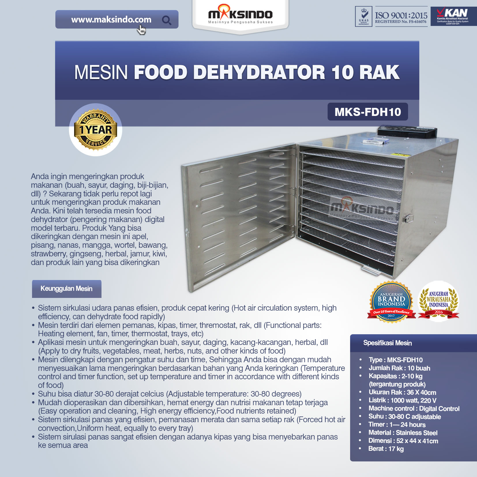 Jual Mesin Food Dehydrator 10 Rak (FDH10) di Semarang
