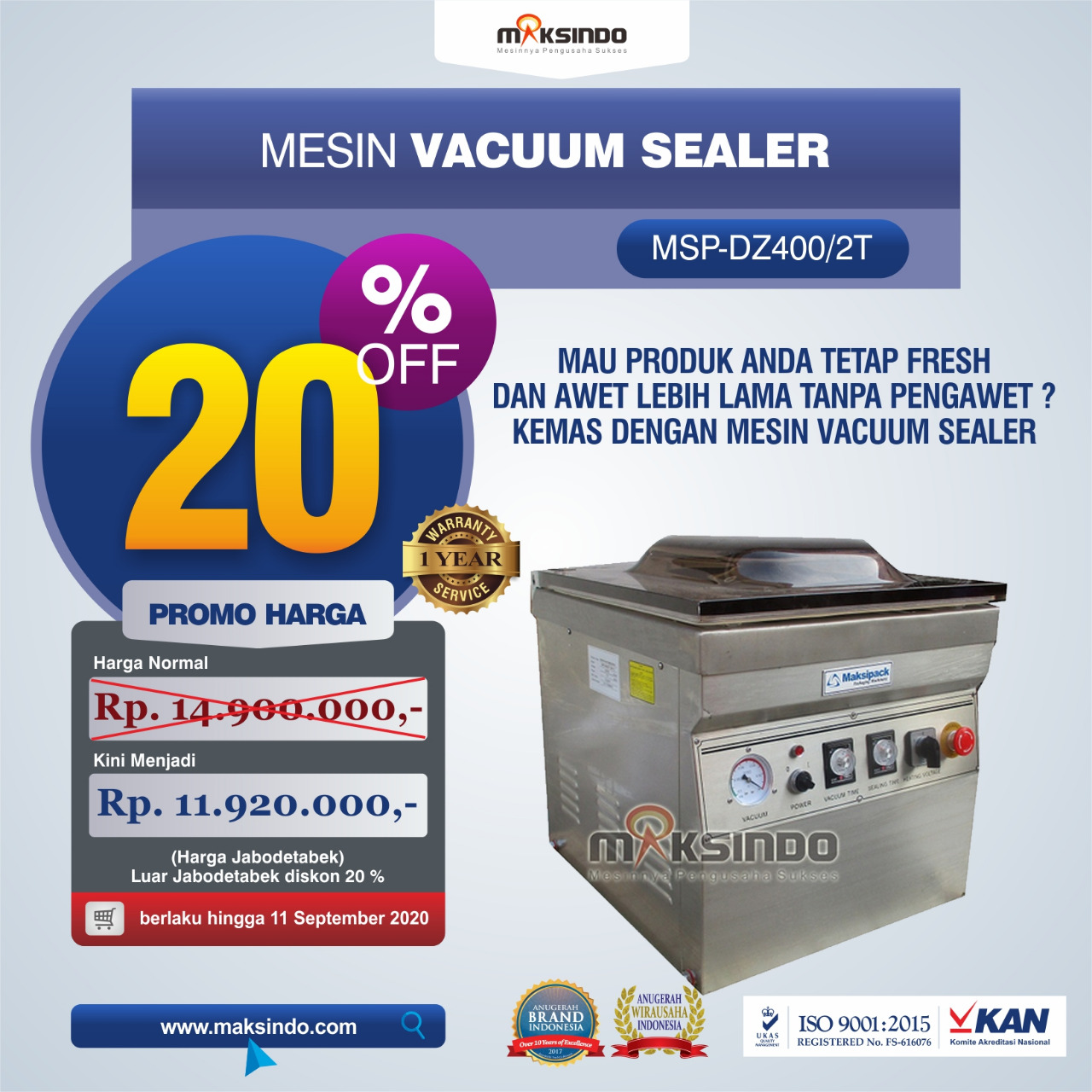 Jual Vacuum Sealer MSP-DZ400/2T di Semarang
