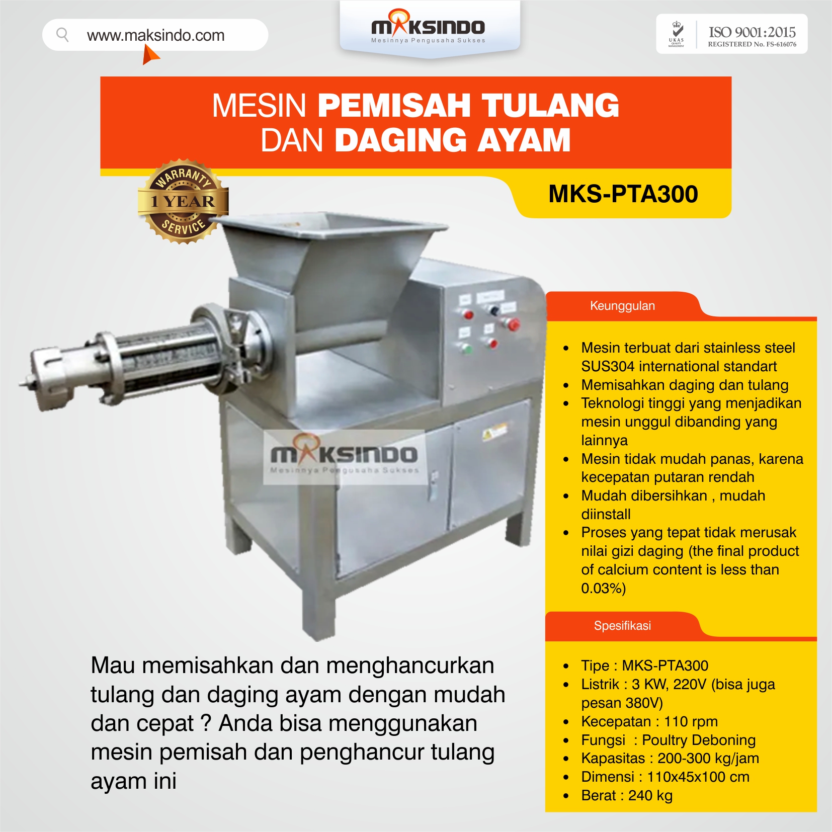 Jual Pemisah Tulang Dan Daging Ayam PTA-300 di Semarang