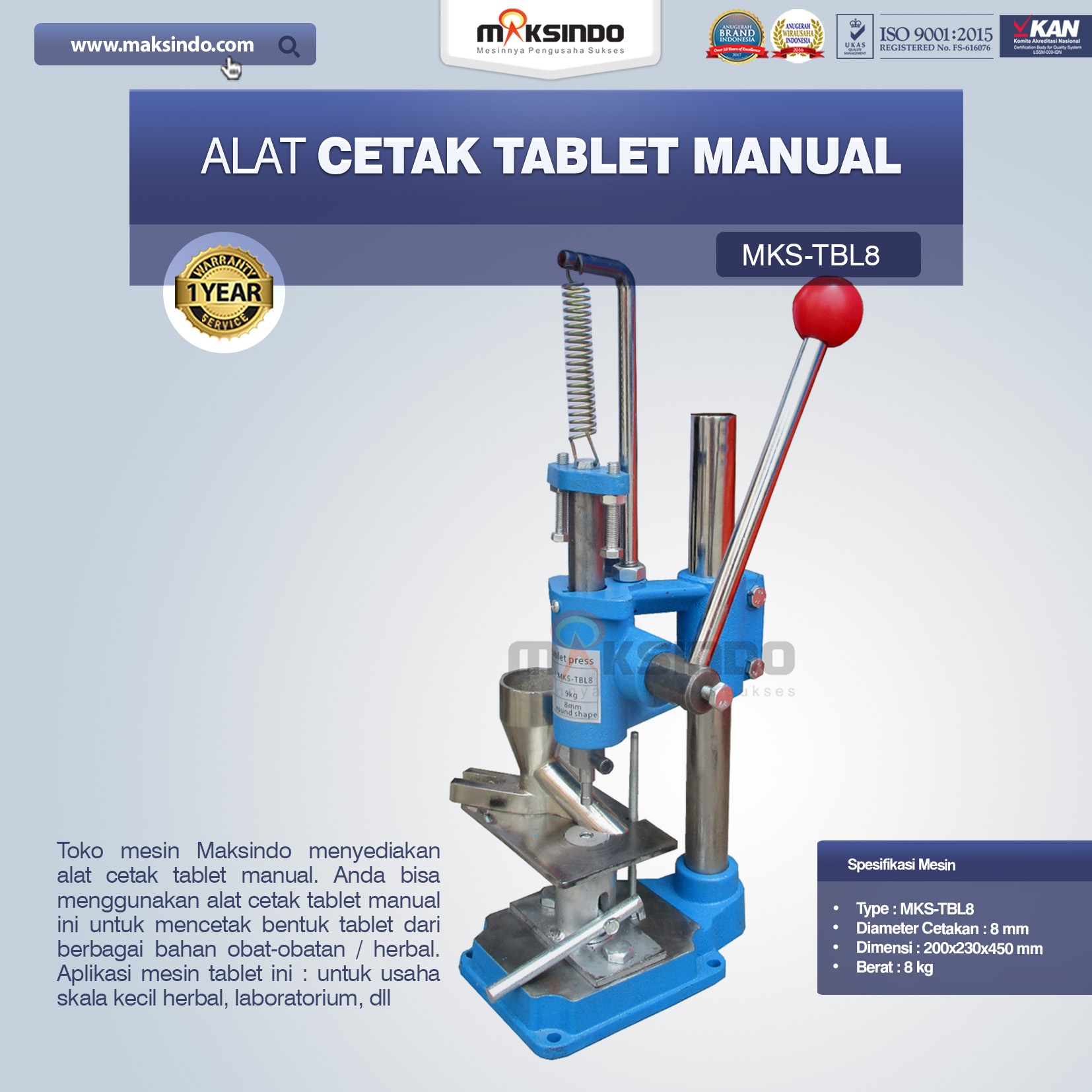 Jual Alat Cetak Tablet Manual MKS-TBL8 di Semarang