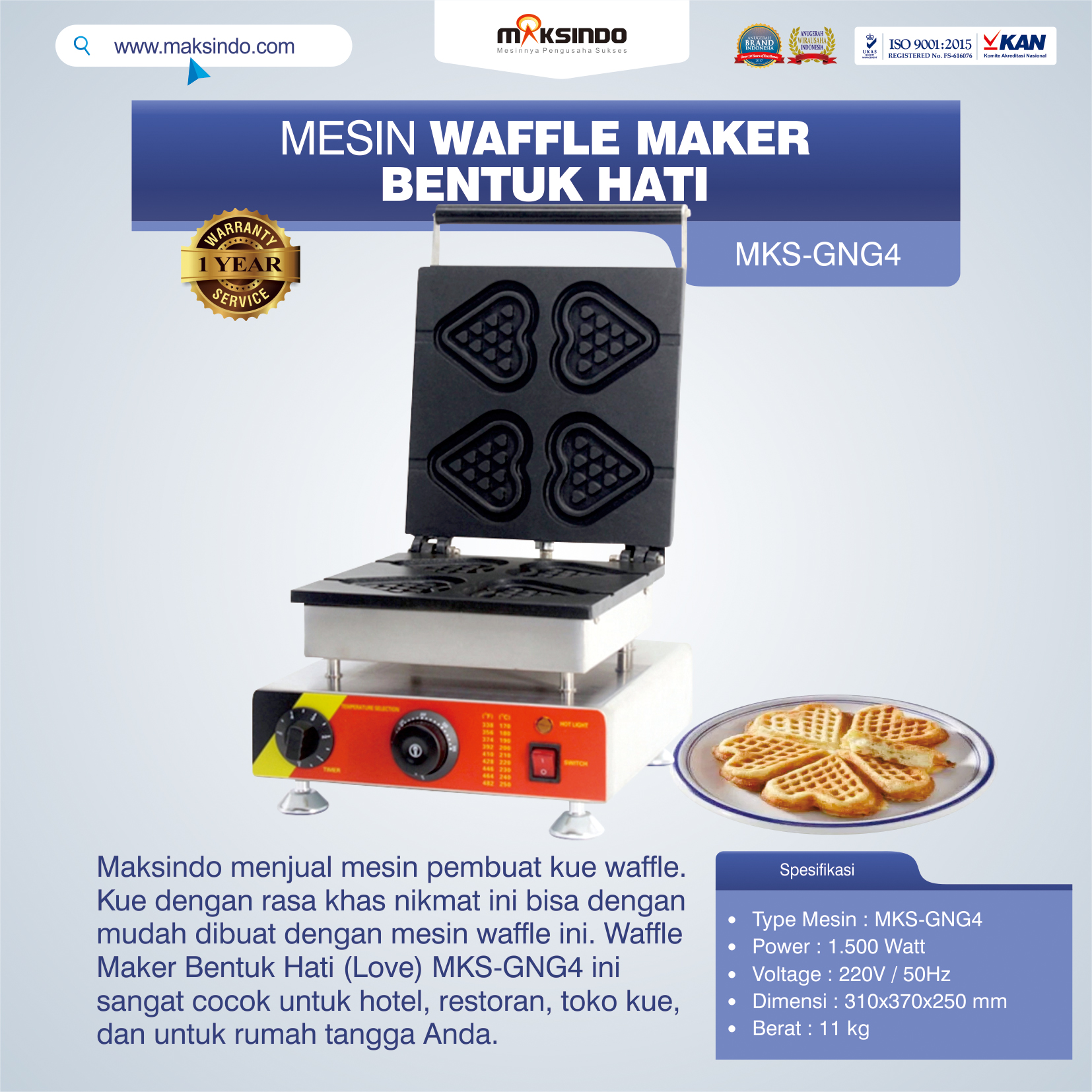 Jual Mesin Waffle Maker Bentuk Hati (Love) MKS-GNG4 di Semarang