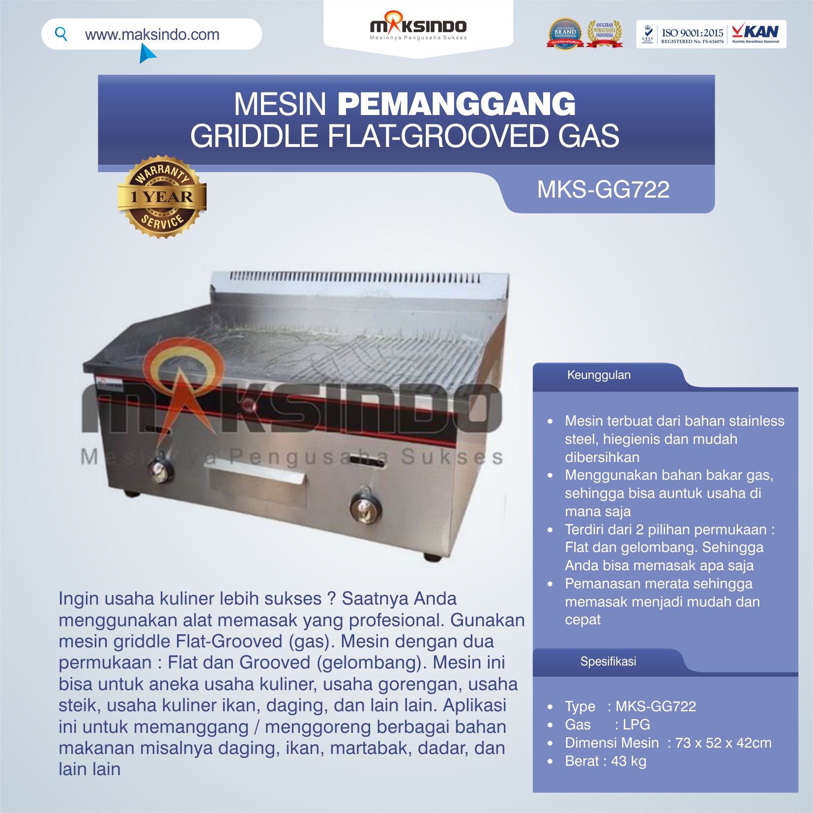 Jual Pemanggang Griddle Flat-Grooved Gas (GG722) di Semarang